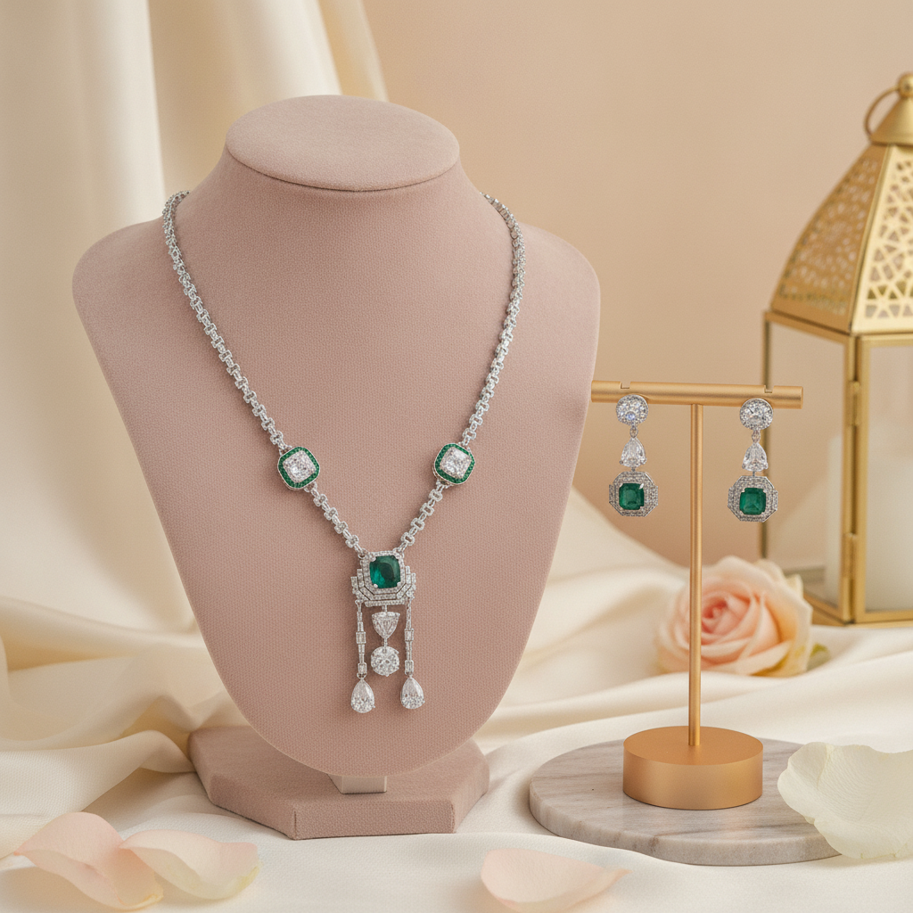 Layla · Emerald Silver Necklace Set | Allure Jewelry by Rushi