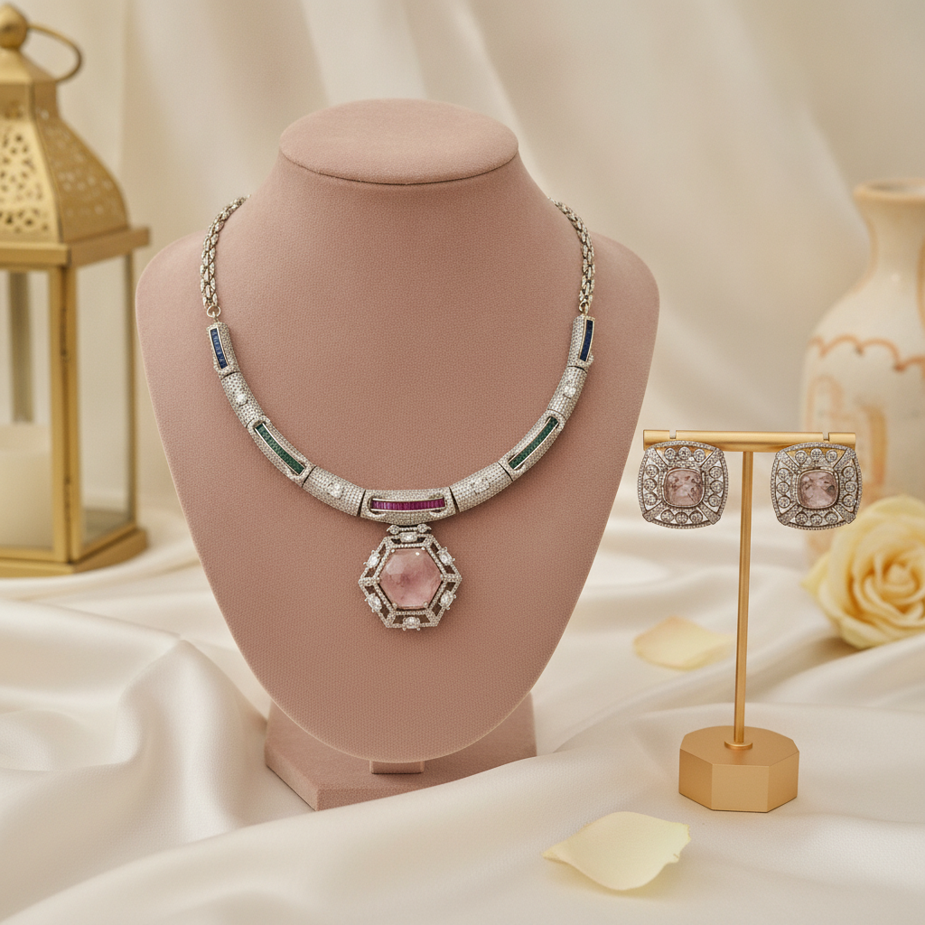 Amira · AD Pink Stone Necklace Set | Allure Jewelry by Rushi