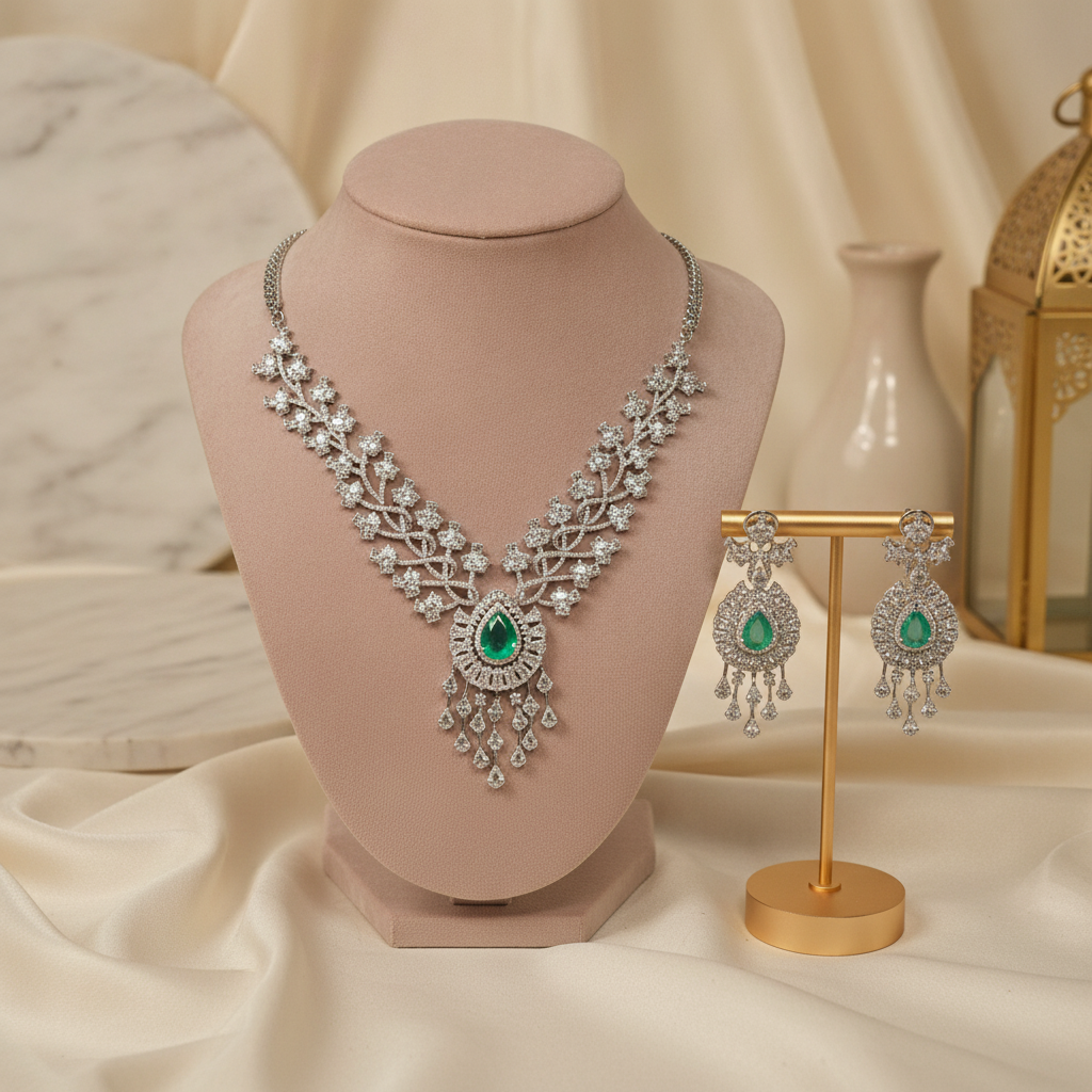 Kavya · Emerald AD Chandelier Set | Allure Jewelry by Rushi