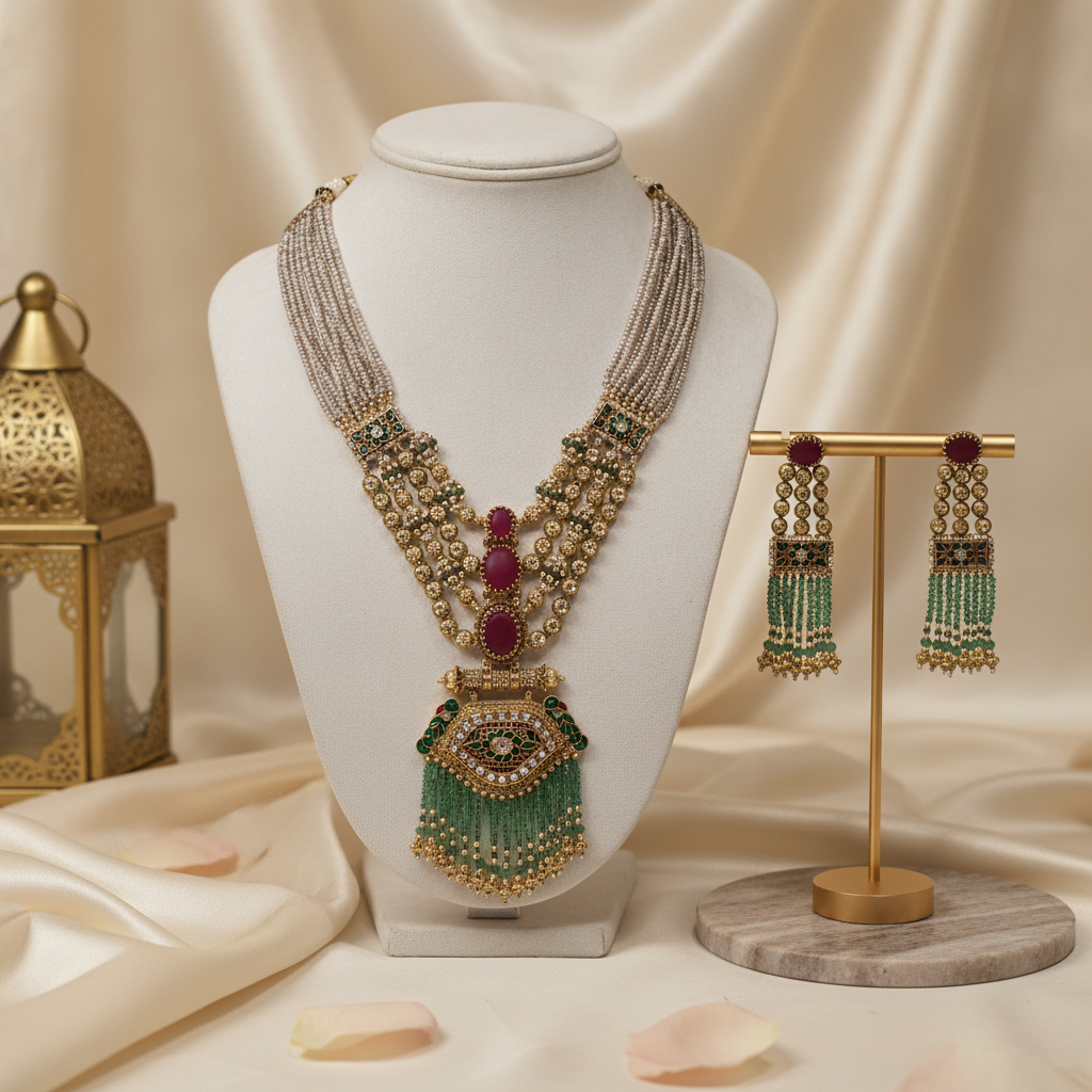 Aria · Pearl Kundan Ruby Green Set | Allure Jewelry by Rushi