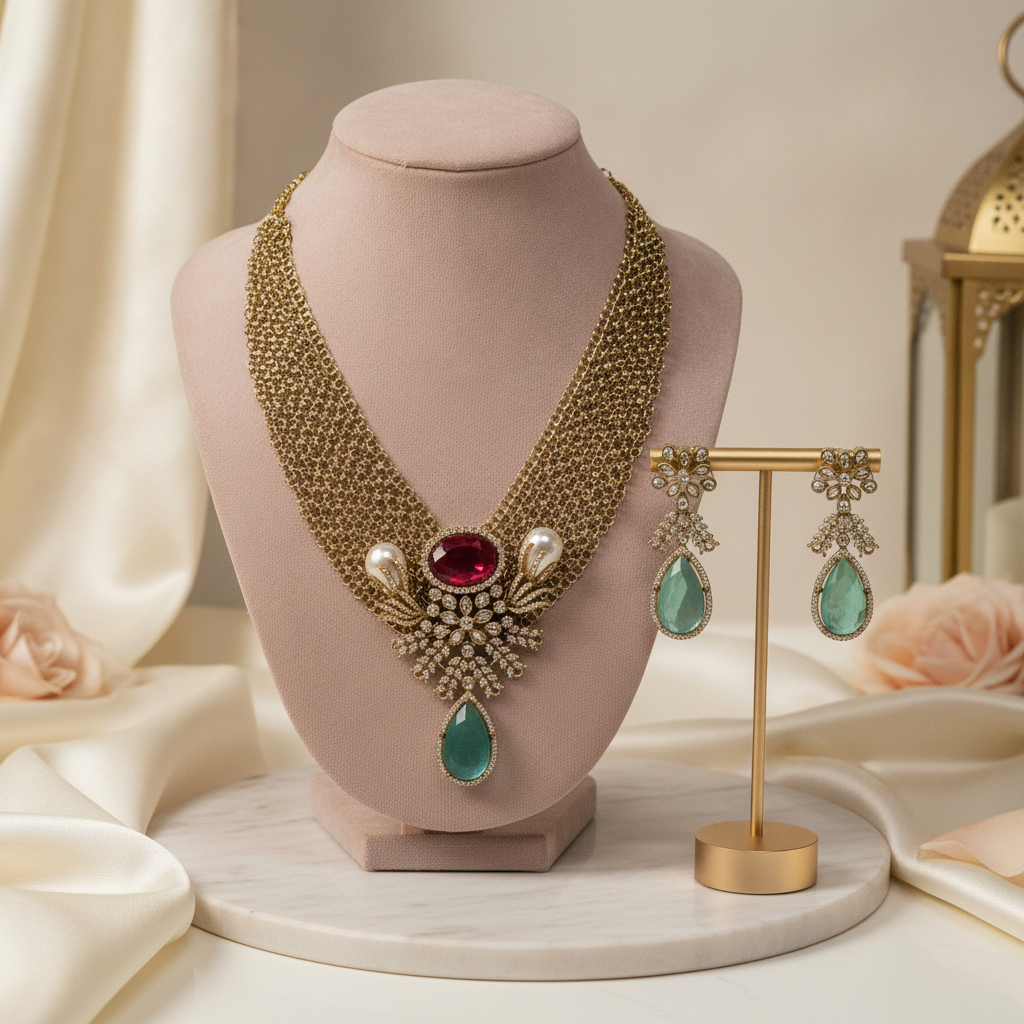 Jasleen · Red Green AD Necklace Set | Allure Jewelry by Rushi
