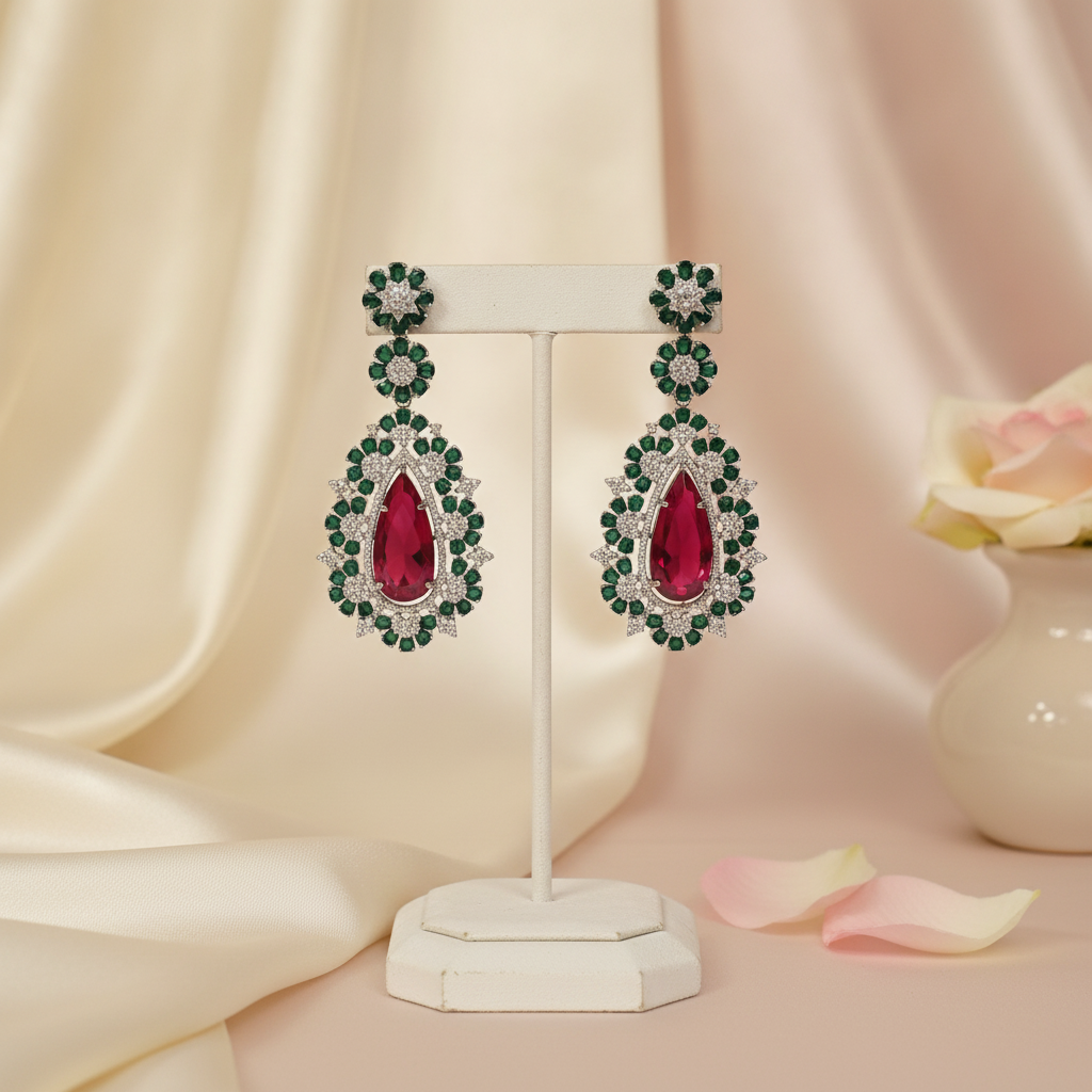 Leela · Red Emerald AD Chandelier Earrings | Allure Jewelry by Rushi