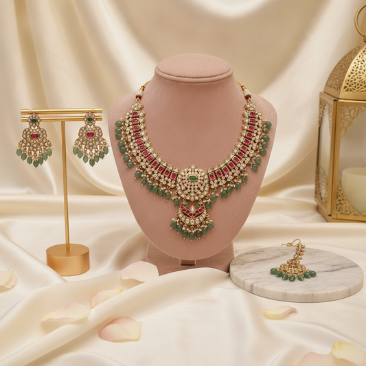 Zara · Gold Kundan Ruby Emerald Set | Allure Jewelry by Rushi