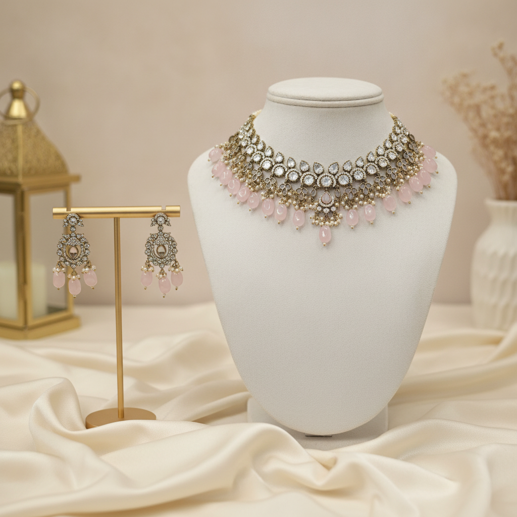 Farah · Pink AD Pearl Choker Set | Allure Jewelry by Rushi