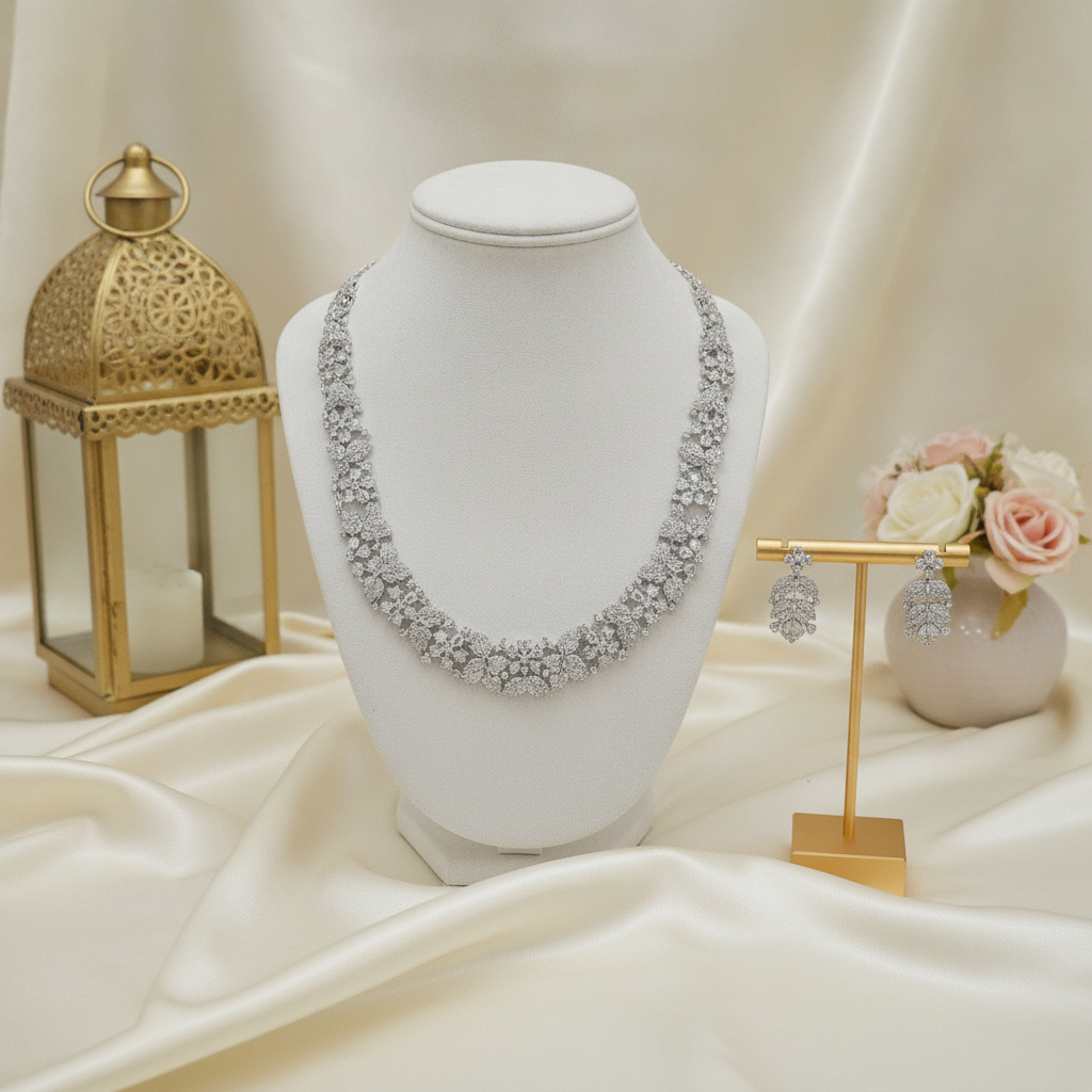 Jyoti · Silver AD Floral Necklace Set | Allure Jewelry by Rushi