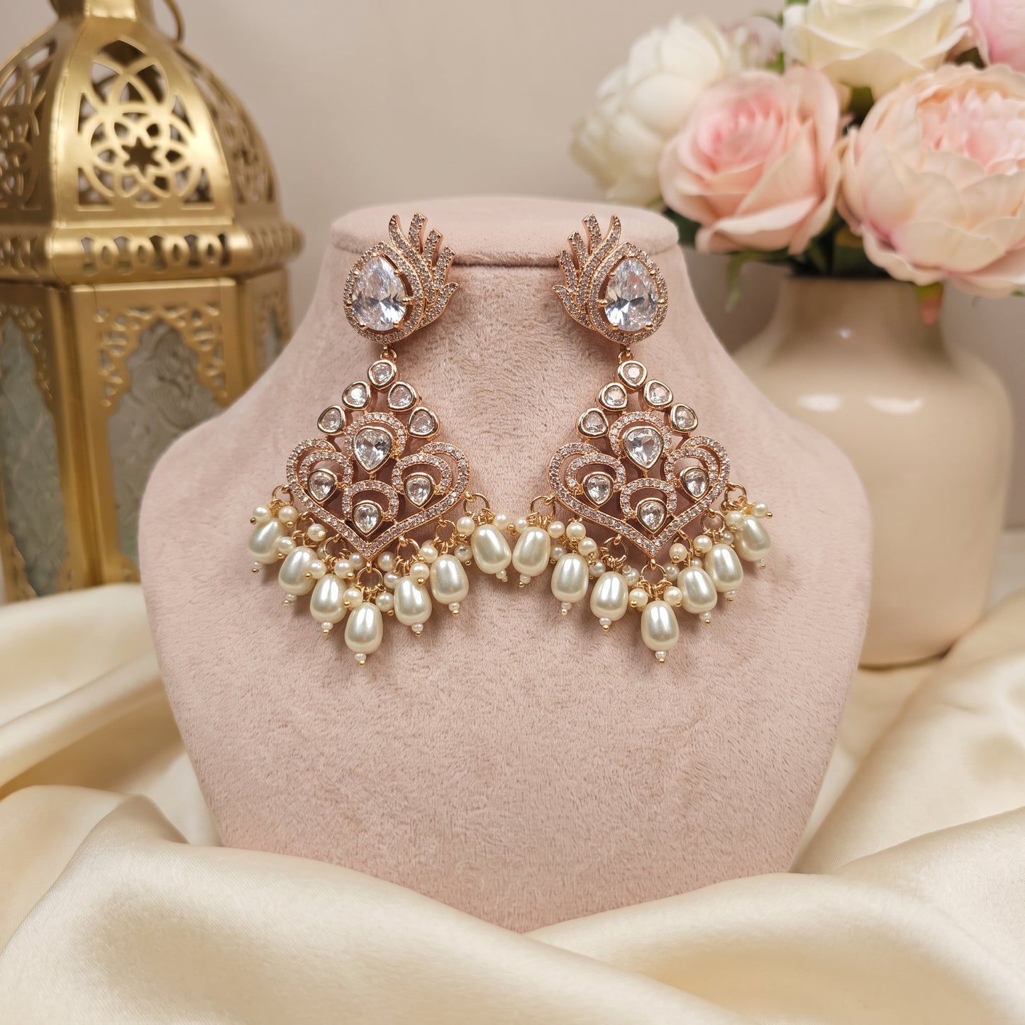 Hira · Rose Gold AD Pearl Jhumkas | Allure Jewelry by Rushi