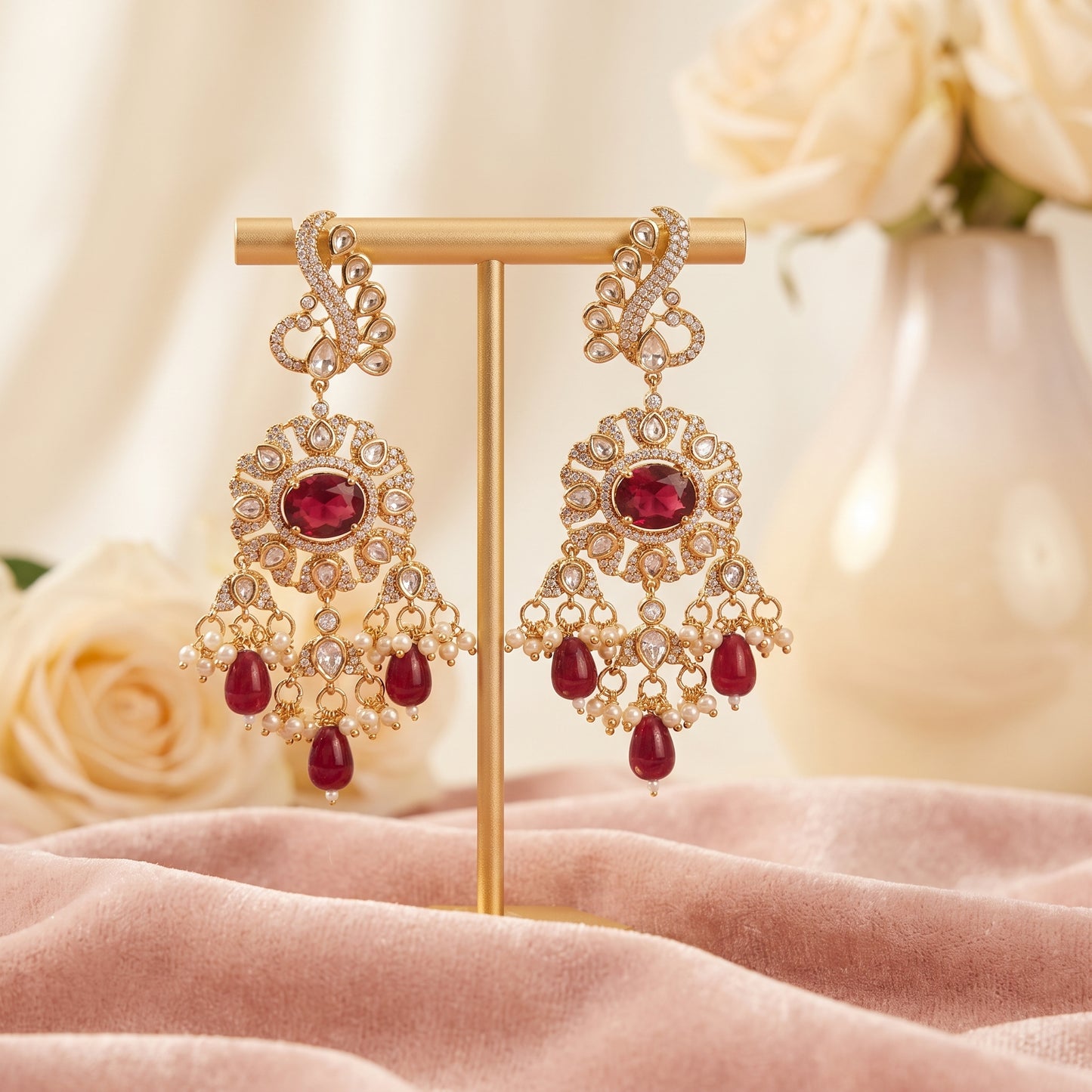 Navya · Gold Kundan Ruby Pearl Earrings | Allure Jewelry by Rushi
