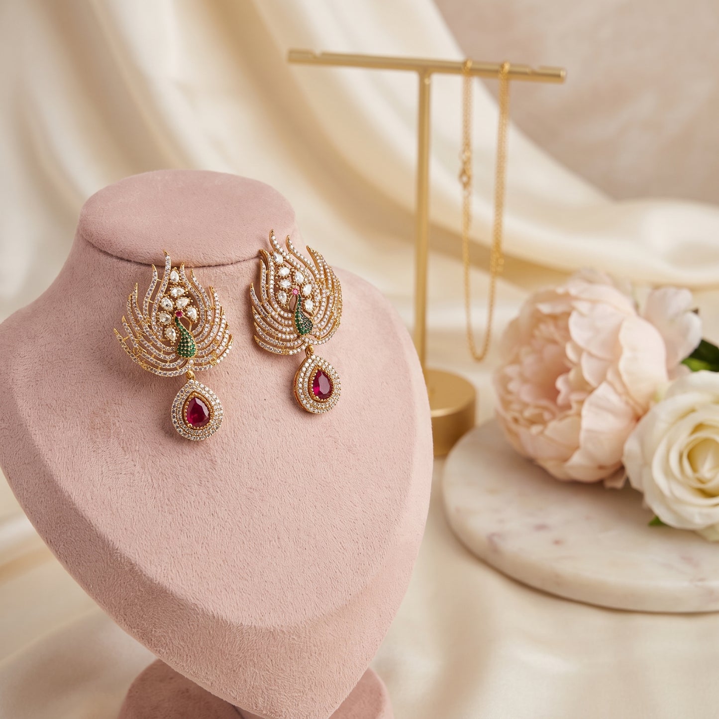 Aleena · Peacock AD Ruby Dangles | Allure Jewelry by Rushi