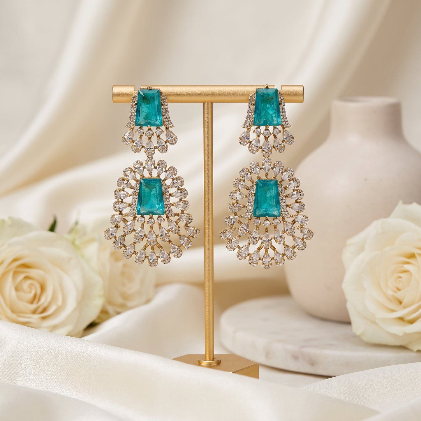 Neha · Teal AD Chandelier Earrings | Allure Jewelry by Rushi