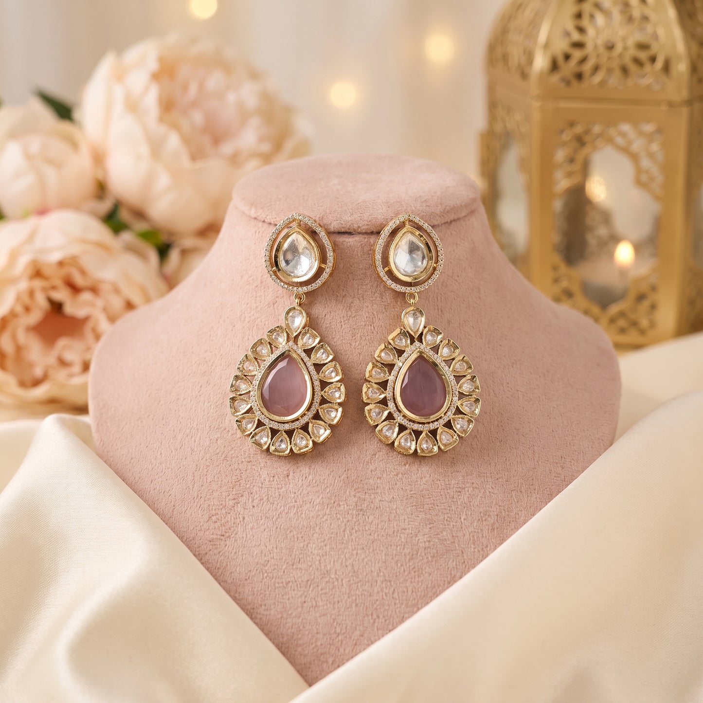 Urvi · Gold Polki Mauve Drop Earrings | Allure Jewelry by Rushi