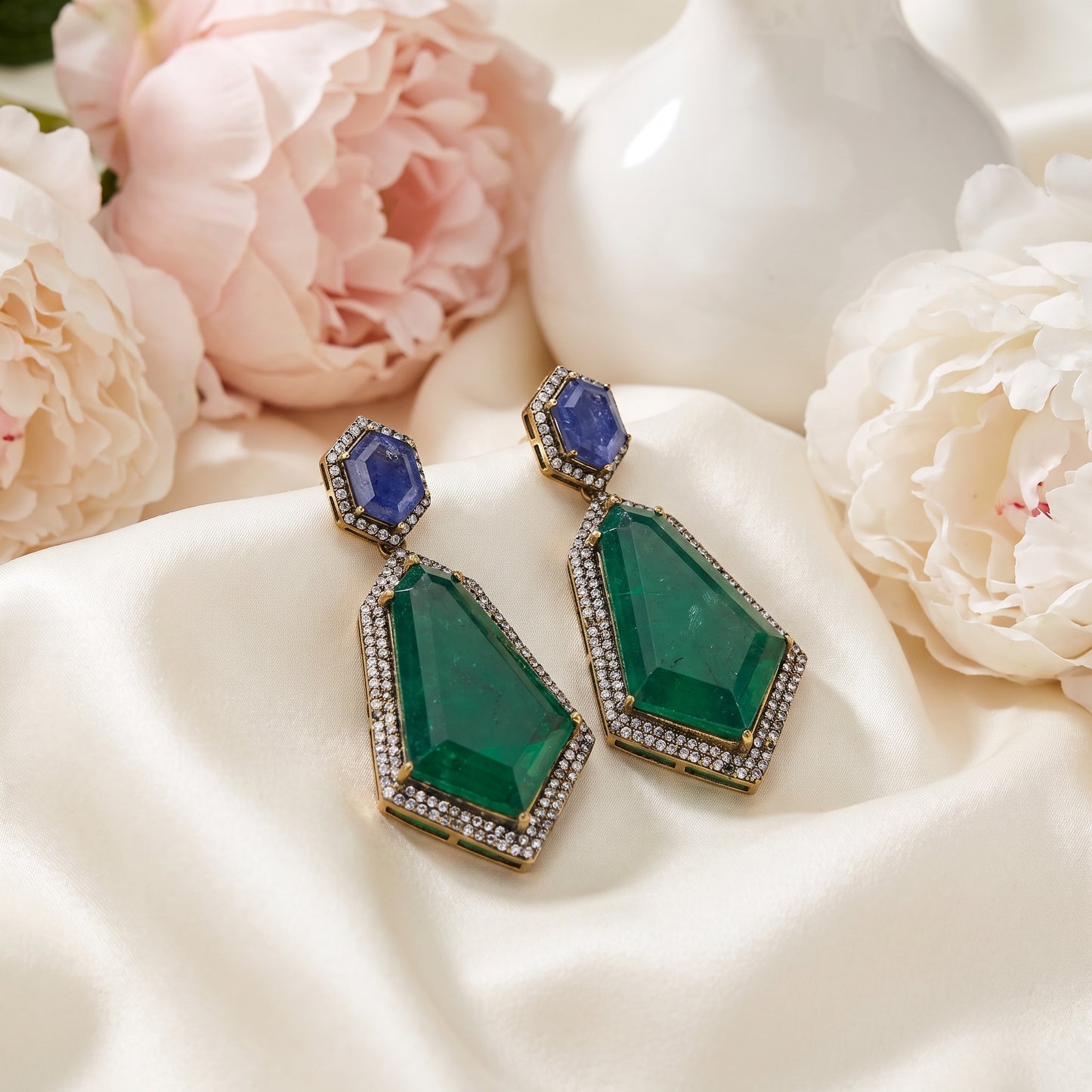 Manahil · Emerald Tanzanite AD Drop Earrings | Allure Jewelry by Rushi