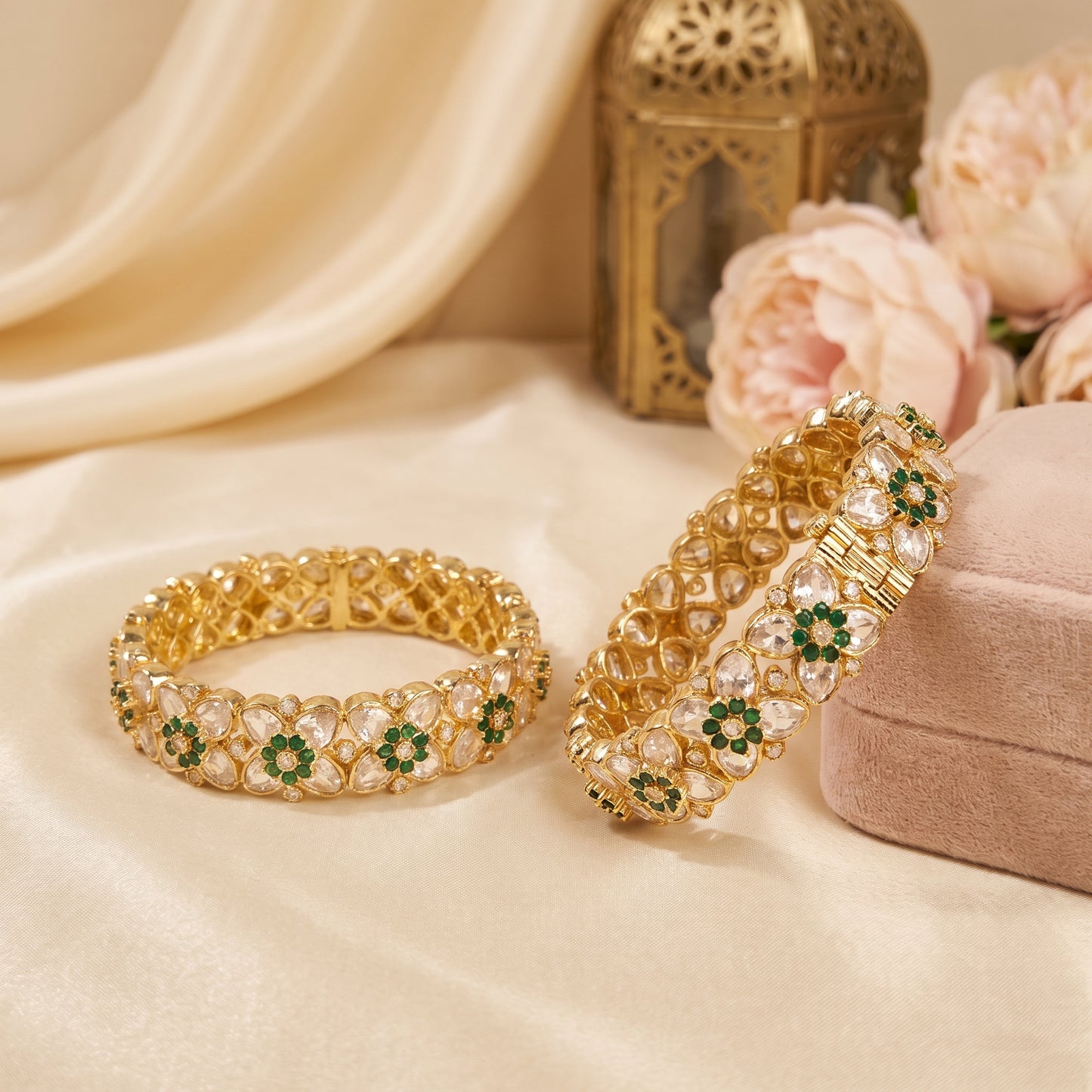 Avani · Gold Emerald Polki Style Bangles | Allure Jewelry by Rushi