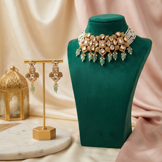 Aria · Gold Kundan Pearl Green Necklace Set — studio set | Allure Jewelry by Rushi