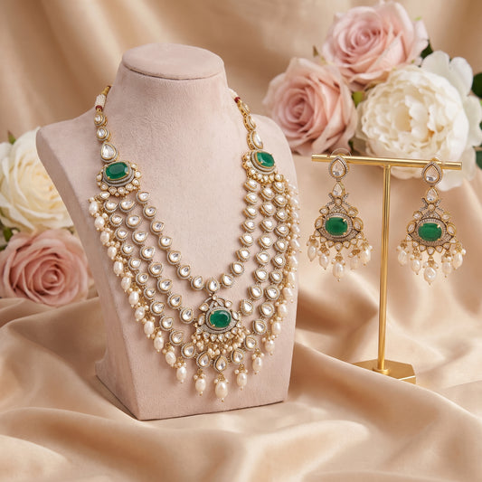 Manha · Gold Polki Emerald Pearl Choker Set necklace set — studio set | Allure Jewelry by Rushi