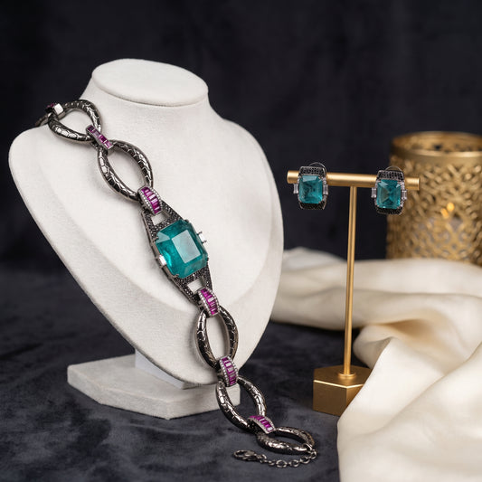 Anaya · Gunmetal Teal Ruby AD Necklace Set — studio set | Allure Jewelry by Rushi
