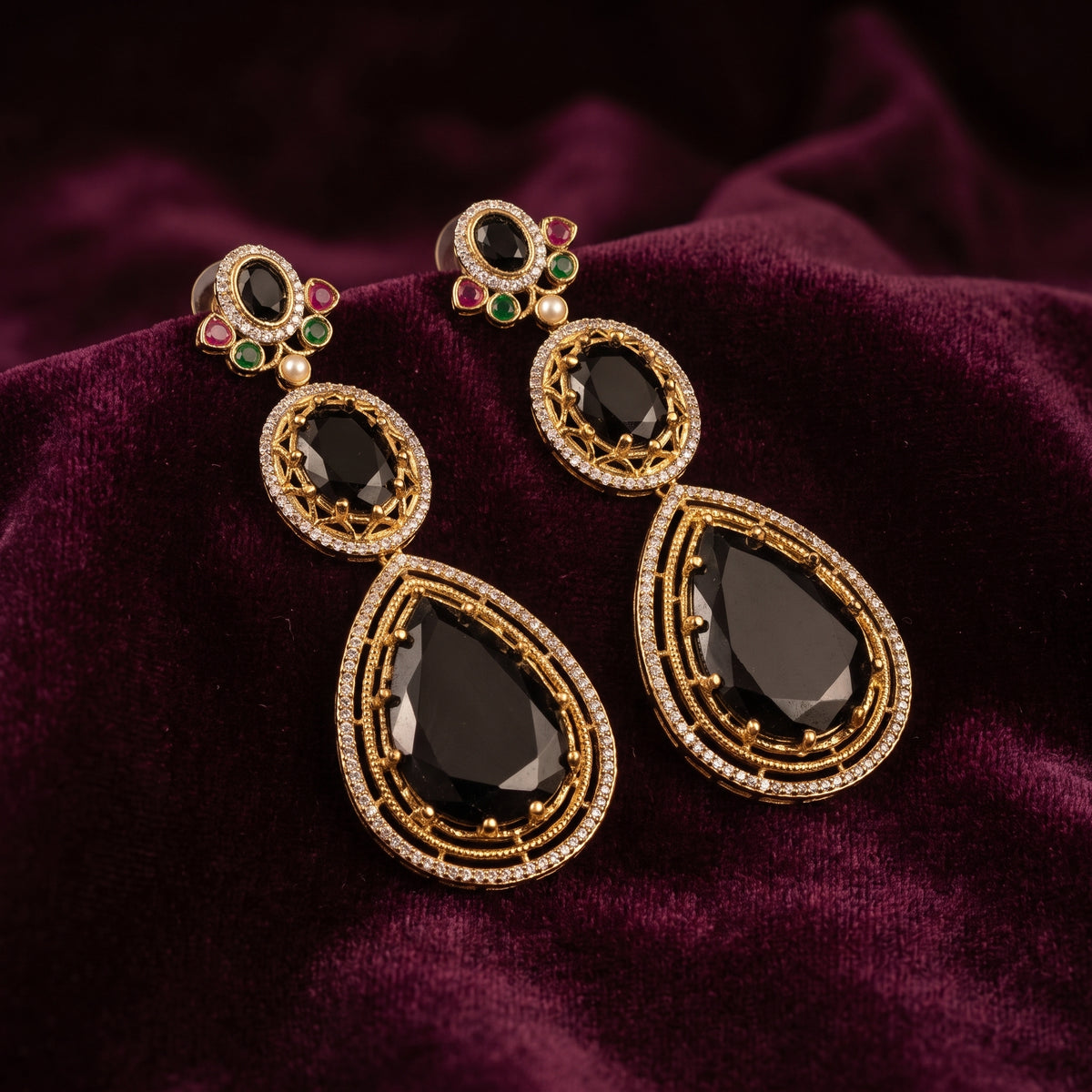 Mehak · Black Stone AD Drop Earrings — studio set | Allure Jewelry by Rushi