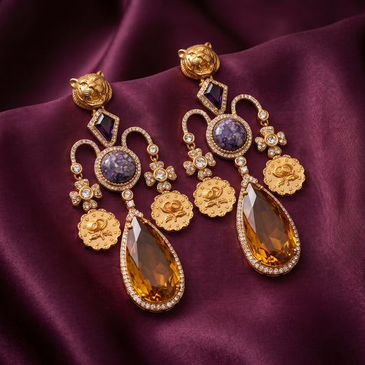 Manahil · Gold Purple Statement Earrings — studio set | Allure Jewelry by Rushi