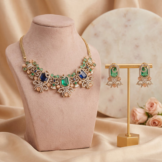 Mahira · Emerald Blue AD Necklace Set — studio set | Allure Jewelry by Rushi